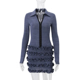 Bonnyshow autumn and winter new fashion trend lapel hook pleated lace long-sleeved knitted dress women's club clothing