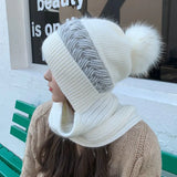 Bonnyshow Winter Thicken  Add Fur Knitted Soft Hat With Scarf Outdoor Cycling Windproof Keep Warm Balaclava Pompoms Ball Caps