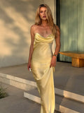 Bonnyshow  Sexy Backless Off Shoulder Lace-up Yellow Satin Dress Women Fashion Sleeveless Bodycon Midi Dresses Summer New Beach Party Robe