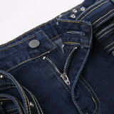 Bonnyshow  High Waisted Zipper Slim Fit Bag Buttocks Splicing Japanese Button Waistband With Heavy Industry Characteristics Trend Dark Blue