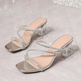 Bonnyshow  Crystal Diamond Open Toe Women Slippers Fashion Clear Square Heels Banquet Dress Shoes Summer Slide Zapatos De Mujer