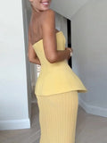 Bonnyshow  Yellow Fashion Tube Top Long Skirts Sets Women Sleeveless Backless Zipper Tops High Waist Pleated Skirt 2025 Spring Lady Outfits