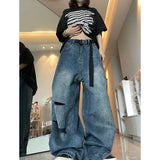Bonnyshow Blue Jeans For Women High Waist American Wide Leg Pants Y2K Vintage Straight Baggy Denim Trousers Spring Oversize Pants