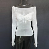 Bonnyshow Sheer Off-Shoulder Top Shirt for Women New Long Sleeve See-Through Lace Knit Pullover Tops Summer Mesh Top Tee Shirt