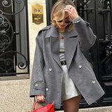 Bonnyshow  Autumn Woolen Blazer Jacket For Women Fashion Turn Down Collar Double Breasted Lady Chic Street Solid Long Sleeve Outerwear