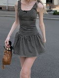 Bonnyshow  Fashion Slim Fit Square Neck Camisole Dresses Summer Plaid A-Line Sweet Cute Basic Causal Blouses