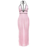 Bonnyshow  Summer Halter Knitted Long Dress Elegant Backless Sleeveless Patchwork Women Maxi Dresses Fashion Deep V Neck Beach Robes