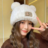 Bonnyshow Cute Bear Beanie Cap for Women Winter Warm Thick Knitted Plush Hat Korean Cartoon Female Ear-Protection Hats