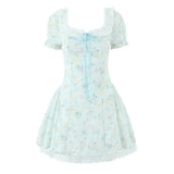 Bonnyshow  Sweet Girl Lace Spliced Embroidery Printed Dress Women Vintage Puff Sleeve V Neck A-line Mini Summer Dresses Holiday Robe