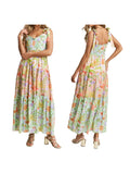 Bonnyshow  Women s Boho Floral Print Sleeveless Dress with Tie-Up Straps and Backless Design Perfect for Summer Beach Parties and