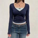 Bonnyshow Patchwork Sexy Women Tees Solid Autumn Streetwear V-Neck Long Sleeves Bodycon Crop Top Fashion Casual Slim Basic T-shirt Female