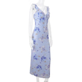 Bonnyshow  Women Sexy Skinny Flower Print Midi Dress Chic Backless Ruffled V Neck Sling Vestidos 2025 Summer Lady Vacation Elegant Sundress