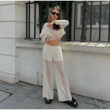 Bonnyshow  See Through Women's Pant Suit Two Piece Set Sexy Tassel  Patchwork Full Sleeve Tank Top Wide Leg Pants Female Sets Beach Outfit