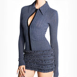 Bonnyshow autumn and winter new fashion trend lapel hook pleated lace long-sleeved knitted dress women's club clothing