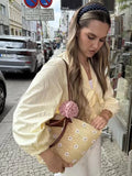 Bonnyshow  Chic Hollow Out Pleated Blouses Women Loose Fit Long Flare Sleeve Chiffon Shirts 2025 V-neck Lace Up Street Fashion Comfort Tops