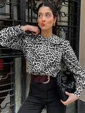 Bonnyshow 100% Cotton Women's Shirts Leopard Print Fashionable And Versatile Polo Collar Long Sleeved Topo Ofice Women Clothing