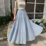 Bonnyshow  French Elegance Women Midi Skirts Y2K Summer Streetwear Patchwork A Line Pleated Skirts High Waist Loose All-Match Long Skirts