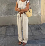 Bonnyshow  New Cotton and Linen Set for Spring and Summer 2025 Is Elegant Featuring A Sleeveless Vest and Wide-leg Trousers A Two-piece Set