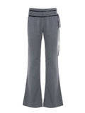 Bonnyshow  Ladies Casual Grey Flared Pants Chic Leather Striped Patchwork Low Rise Casual Pants Streetwear y2k Trouser Korean Style