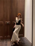 Bonnyshow  Bow temperament collar hanging neck vest satin fish tail half skirt two-piece set women's summer fashion beautiful set