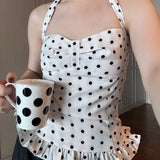 Bonnyshow  Polka Dot/Plaid Pattern Halter Crop Tops Summer Holiday Slim Fit Camis Tops Y2k Fairycore Ruffles Hem Backless Vest