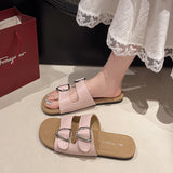 Bonnyshow  Belt Buckle Slippers Women's Fashion Round Head Open Toe Metal Buckle Soft Soled Non-slip Wear-resistant Flat Shoes