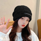 Bonnyshow Korean Letter Knitted Beanie Cap Women Solid Color Woolen Crochet Hat Autumn Winter Thicken Warm Slouchy Baggy Hats