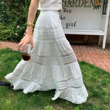 Bonnyshow Embroidery Eyelet Cut-out Maxi Skirt White Cotton Semi Sheer Flowy Long Skirt Women Boho Summer Vacation Fairycore Outfit