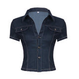 Bonnyshow  Retro Workwear Pocket Shirt Fashion Streetwear Women Y2K Button Up Tee Dark Blue Short Sleeve Fitted Crop Top Lady
