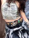 Bonnyshow Punk Aesthetic Cyber Retro X-ray Skeleton Print Rib Sleeveless Vest ArmyGreen Crop Top Designer Clothes Women Summer Emo