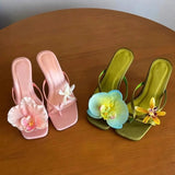 Bonnyshow  Flowers Decor Women's Flip Flops Summer Elegant Party Wedding Thin Heels Sandals Casual Streewear Satin Ladies Shoes New 2025