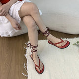 Bonnyshow  Summer Lace-Up Women Clip Toe Sandal Fashion Open Toe Narrow Band Footwear Ladies Gladiator Shoes Outdoo Flats Sandalias