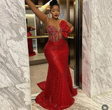 Bonnyshow Couture Luxury Red Beaded Lace African Long Maxi Dresses Floral Beaded One Shoulder Mermaid Aso Ebi Formal Party Dress