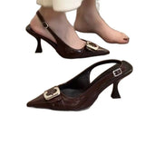 Bonnyshow  Female Slingbacks New Pumps Slides Women Heels Shoes 2025 Pointed Toe Footwear Fashion Metal Buckle Ladies High Heels Shoes