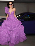 Bonnyshow Eye Catching Violet Long Evening Dresses With Ruffles Trim And Flower Details One Shoulder A-line Formal Party Dress