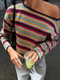 Bonnyshow  Y2k  Sweater Vintage Rainbow Striped Pullover Slanted Collar Fashion Knitted Jumper Long Sleeve Early Autumn Female Knitwear