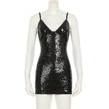 Bonnyshow  Elegant Sequin V-neck Evening Party Dress Women Spaghetti Strap Sleeveless Mini Dress Fashion Vintage Y2K Clubwear
