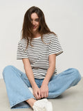 Bonnyshow Summer Short Sleeve Striped T-Shirts Women Knitted Basic Casual Tops Female Cozy Loose Cotton Tees