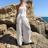 Bonnyshow  Casual Stripe Halter Tank Pants Set Women Beach Sleeveless Backless Top Straight Trousers 2025 Summer Holiday Lady Suit New