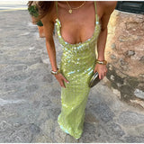 Bonnyshow Sexy Glitter Sequin Backless Maxi Dress Shiny Green Spaghetti Strap Evening Party Wedding Guest Sleeveless Banquet Long Gowns