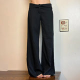 Bonnyshow  Fashion Black V Waistband Woven Pants Women's Low-Waist Casual Loose Trousers Streetwear Wide-legged Pants 2025 Clothes