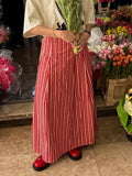 Bonnyshow  SummerRed Striped Long Skirt Women Zipper High Waist Loose Simple Midi Skirts Streetwear Fashion Casual A-line Faldas 2025 New