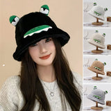 Bonnyshow Cute Frog Fisherman Hat for Women Winter Fluffy Fur Bucket Hats Funny Cartoon Warm Thicken Female Girls Plush Hats