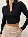 Bonnyshow Women's T-shirt Autumn Winter New Black Long Sleeves Crop Top Casual Fashion Zippers T-shirt Female Turn-down Collar Sexy Tops