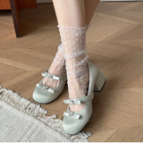 Bonnyshow  Thick Heel Women's Mary Jane Shoes Fashion Butterfly-knot Slip On Shoes Spring Autumn Party Candy Color Shoes