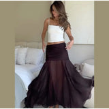 Bonnyshow  Chic Blue Mesh Pleated See Through Dress Summer Women Full Sleeveless One Shoulder Backless Long Dresses New Lady Holiday Robes