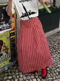 Bonnyshow  SummerRed Striped Long Skirt Women Zipper High Waist Loose Simple Midi Skirts Streetwear Fashion Casual A-line Faldas 2025 New