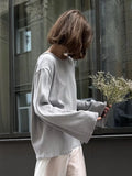 Bonnyshow  Solid Knitted Loose Backless Sweater Women Autumn New Scoop Neck Long Sleeve Sweaters Simple Casual Fashion Pullover Jumper Tops
