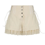 Bonnyshow Sweet Mesh Tiered Ruffle Shorts Skirts Khaki Wide Form Side Bandage Cute Hot Pants Lolita Style Soft Girls Shorts Y2K