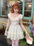 Bonnyshow  Summer New Fresh High Waist Bow Slimming Lace Small Fly Sleeve Party Dresses Original Sweet Girl Vacation Short Dress